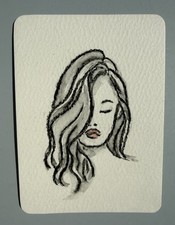 Original ACEO Watercolor Woman Portrait Wavy Hair Soft Reverie  2.5 X 3.5 picture