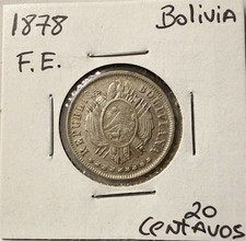 Bolivia 1878 FE-PTS, 20 Centavos Silver Coin, Potosi Mint picture