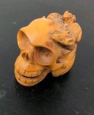 Japanese Carved Boxwood Netsuke Skull & Rats Signed Tomokazu Meiji Edo picture