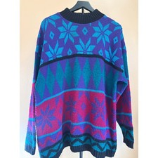 Classic Essentials Vintage Geometric Snowflake Knit Sweater Purple Teal Large picture