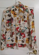 Vintage Import Image Secretary Blouse Womens Animals Camera   100% Silk Size 10 picture