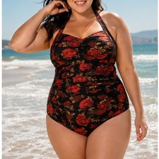 Torrid Retro Ruched One Piece Swimsuit Red Rose Floral Black Size 2X NWT Pin Up picture
