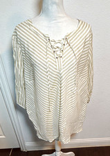 Catherines Womens 2XL Beige White Striped V-Neck Lace-Up 3/4 Sleeve Blouse picture
