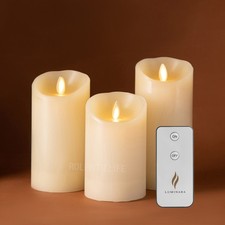 Luminara Flameless Pillar Wax LED Ivory Candles w/Moving Wick Remote 3