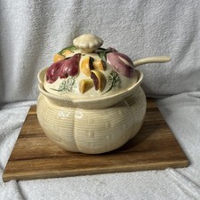 Vintage Ceramic Soup Tureen Lid Ladle 3D Fruit Vegetable Decor 9