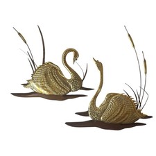 Pair Vintage MCM Brass Swan Wall Plaques - Wood Cattails Copper Reeds 11