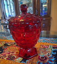 Red AMERICAN FOSTORIA Glass Covered Dish w/ Lid Pedestal Base, 2-Piece Set picture