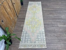 2x8 Vintage Turkish Hallway Runner, Hand-Knotted Wool Blush Pink & Mustard Rug picture