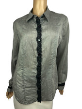 Chico's Blouse Sz 2/L Button-Up Gray w Black Stripes & Lace Long Sleeve Rayon/Sp picture