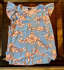 Talbots Women M Blue Orange Floral Blouse Flutter Sleeve V Neck Top picture