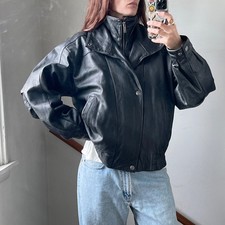 Vintage Wilsons Leather Jacket Black Bomber High Stand Collar Funnel Mock Neck picture