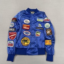 Vintage Sportsmaster Jacket Mens L Blue Nylon Satin Fishing Patch Bomber USA picture