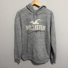 Hollister Mens Logo Hoodie Grey Marl Pullover Fleece Sweatshirt Medium Y2K picture