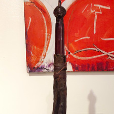 Vintage African Carved Wooden Janus Head Flywhist  picture