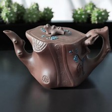 Teapot Chinese Yixing Clay Teapot Tree Stump Blue Flowers 360cc picture