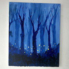 Blue Forest Tree Landscape Painting with Glowing Yellow Lights, Unframed picture