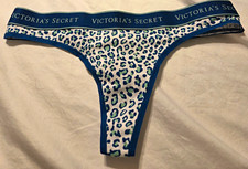 NWT Victoria's Secret Women's Thong Panties Medium Aqua White Lime Leopard Logo picture