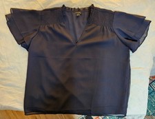 NWOT Ann Taylor short sleeve dress shirt black v neck flutter cap sleeves picture
