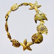 Vintage 10K Solid Gold Sea Life Bracelet Fish Starfish Shell 7.5