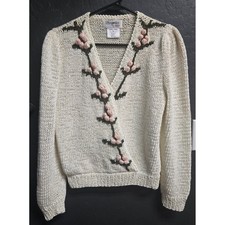 Enfin by Marcia Vintage Handmade Floral Knit Sweater Cream Pink 3D Popcorn M picture