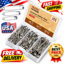 150 Pcs Safety Pins Assorted Sizes Silver Metal Sewing Craft Heavy Duty Bulk picture