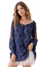 NWT SUNDANCE Womens Navy Gemma Elegance Boho Top Embroidered Blouse Tunic XL picture