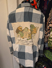 Upcycled women's 2XL green/cream flannel with Frog and Toad backpatch picture