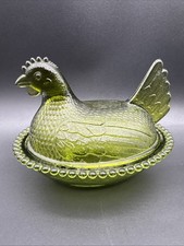 VTG Indiana Glass Avocado Olive Green Hen Nest 7