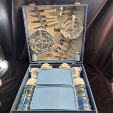 Vintage Brexton Rare Tourquoise Blue 4-person Picnic Basket Travel Box England picture