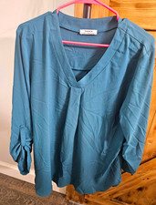 Fosala XL Solid Blue V-Neck Blouse 3/4 Roll Tab Sleeve Pullover picture
