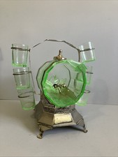 Uranium Glass Vaseline Glass Decanter Etched with 6 Shot Glasses For Repair picture