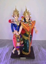 Vintage Thai Dancer Dolls Figurine Couple Traditional Costume Golden Headdress picture