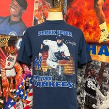 Vintage New York Yankees Derek Jeter Dynasty Skyline MLB Baseball Tee Sz Large picture