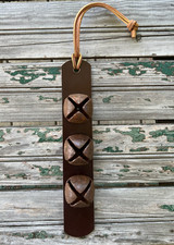 Leather Door Hanger Bell Strap 5 Rusty Sleigh Bells Farmhouse Decor Handmade picture