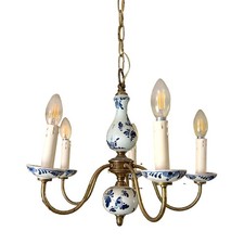Vintage Delft Blue White Porcelain Chandelier 5-Arm Brass Dutch Light Fixture picture