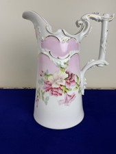 Antique R.S. Prussia Style Porcelain Ewer Pitcher Pink Roses Gold Gilt 10