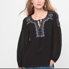 WHBM Tansy Embroidered Boho Cut Out Peasant Blouse Women’s Sz 6 Black Blue White picture