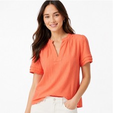 LOFT Coral Orange Dobby Stripe Ruffle Sleeve Split Neck Blouse XXS NWT picture