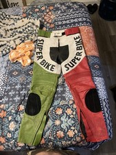 Vintage 60s/70s Leather Daytona Super Bike Racing Pants Size 36 Green/red picture