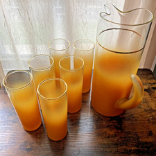 Vintage MCM Orange Blendo 64 oz Pitcher 6 Glasses Ombre Frosted Gold Rim 7pc Set picture