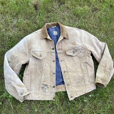 Vintage Carhartt Jacket 6BWJP Sz 46 XL Blanket Lined Tan Faded Stain Trashed USA picture