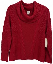 NWT Chico's Mixed Stitch Cowl Neck Sweater Size 1 Medium Enamel Red Cable Knit picture