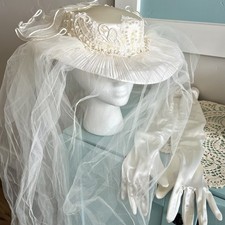 Exquisite Vintage 1990’s Wedding Hat w/ Removable Veil, Matching Gloves, Hat Box picture