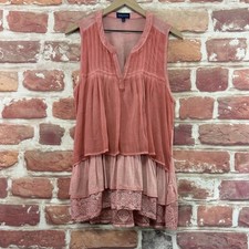 Artesia Tunic Top Womens Large Pink Boho Chic Distressed Tiered Lace Hem Shirt picture
