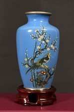 Antique Japanese Cloisonné Vase Bird & Plum Blossom Fine Wire 4.5” w/Stand picture