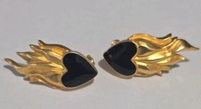 Vintage Karl Lagerfeld KL Gold Tone Flaming Black Heart Clip On Earrings Signed picture