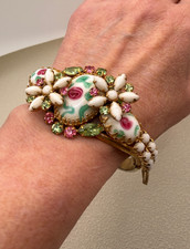 Vintage High End Clamper Bracelet Rhinestones Milk Glass picture