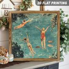 Vintage Woman Diving Underwater Ocean Fish Wooden Sign Decor for Bathroom Gift picture