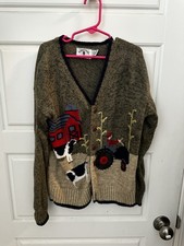 Vintage Kitestrings Farmhouse Cardigan Embroidered Farm Scene 8/10 Cottage Core picture