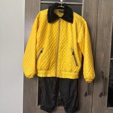 Vintage 90s Quilted Jacket & Pants Faux Fur Collar matching set Womens M Yellow  picture